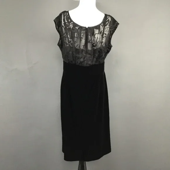 AGB Dress Womens 12 Black Velvet Skirt Sheer Bodice Cocktail Midi Illusion - Picture 2 of 9
